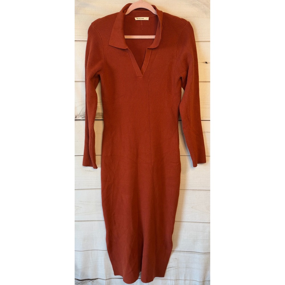 Marine Layer Rust Orange Ribbed Bamboo Midi Polo Sweater Dress 16086 L